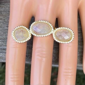 NWOT New Marcia Moran White Druzy 3 Stone Ring w/Crystals/Rhinestones 8-10